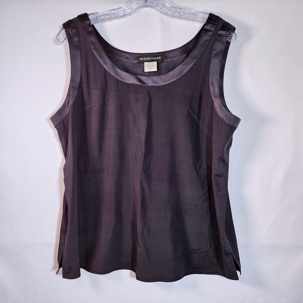 Vintage Black Silk Blend Sleeveless Tank Blouse Satin Trim Summer Layer
